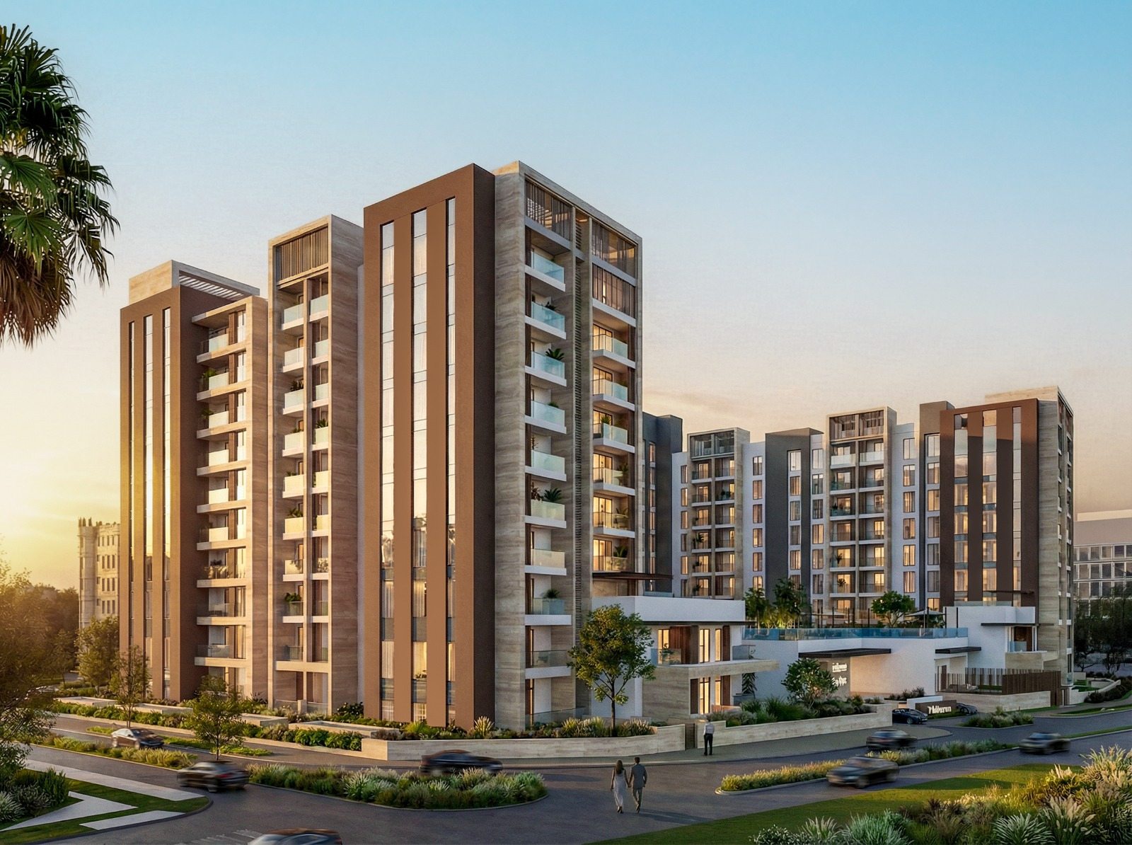 برجان سكنيان معاصران تحت سماء مسائية ناعمة في تصور معماري.